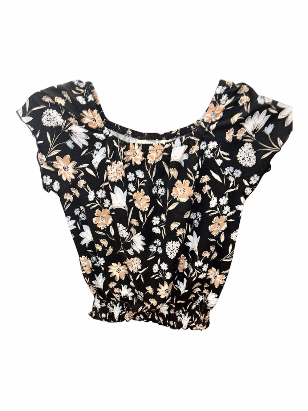 Girls' Black Floral Puff-Sleeve